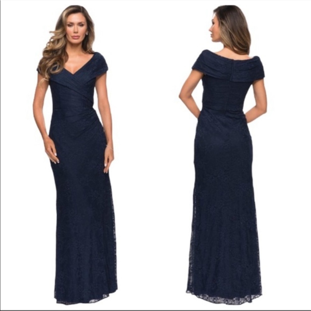 La Femme Navy Lace Off Shoulder Gown Size 2